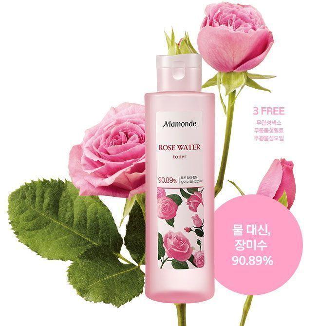 Mamonde Rose Water Toner presented with blooming roses, highlighting its high concentration of rose water for skincare.